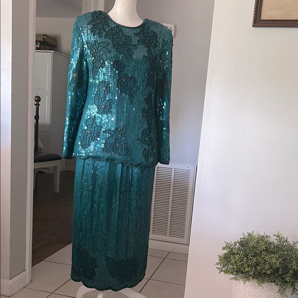 Eve's Allure Vintage 80s Teal Silk Sequin 2 Pc Holiday Party Formal Suit sz M